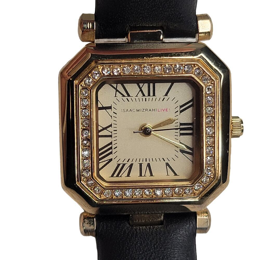 Isaac Mizrahi Live! Women's Sparkly Watch Gold Tone‎ Black Faux Leather Working